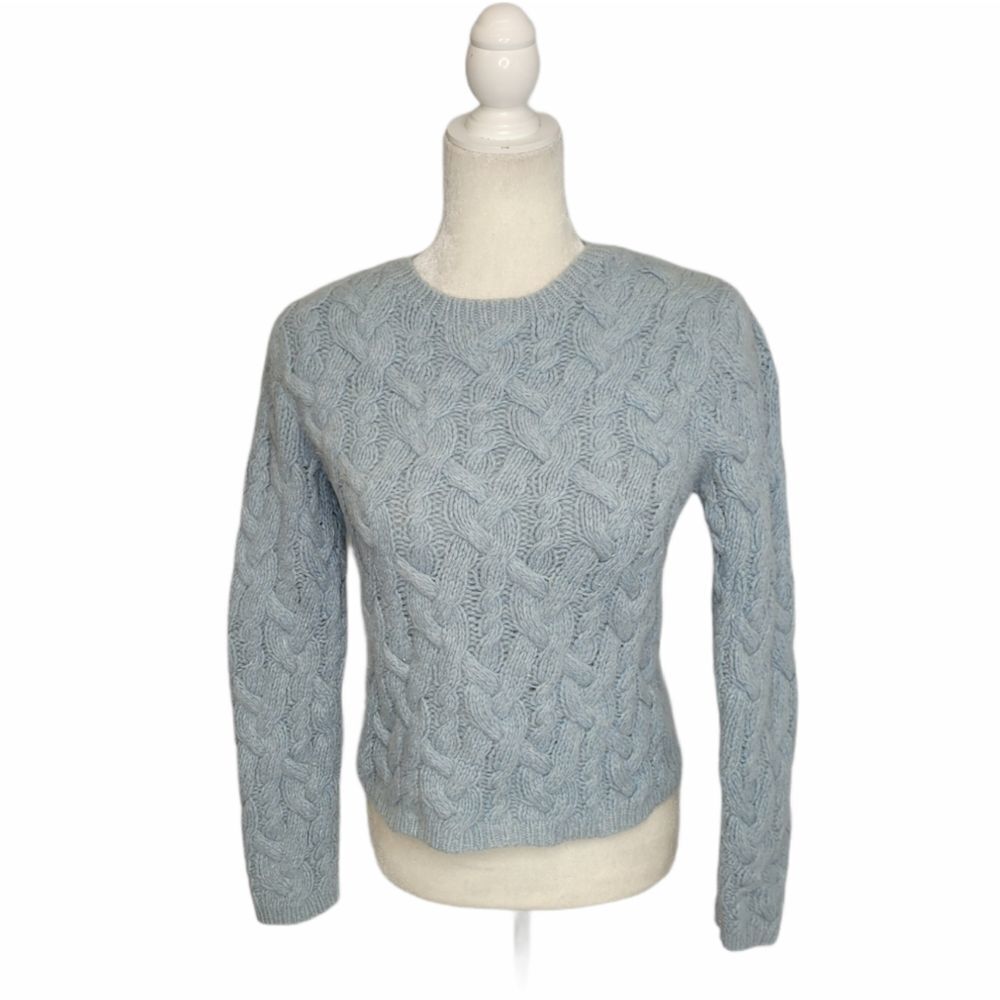 VINTAGE 90s blue sweater hand knit‎ lambswool angora cable knit XS/S